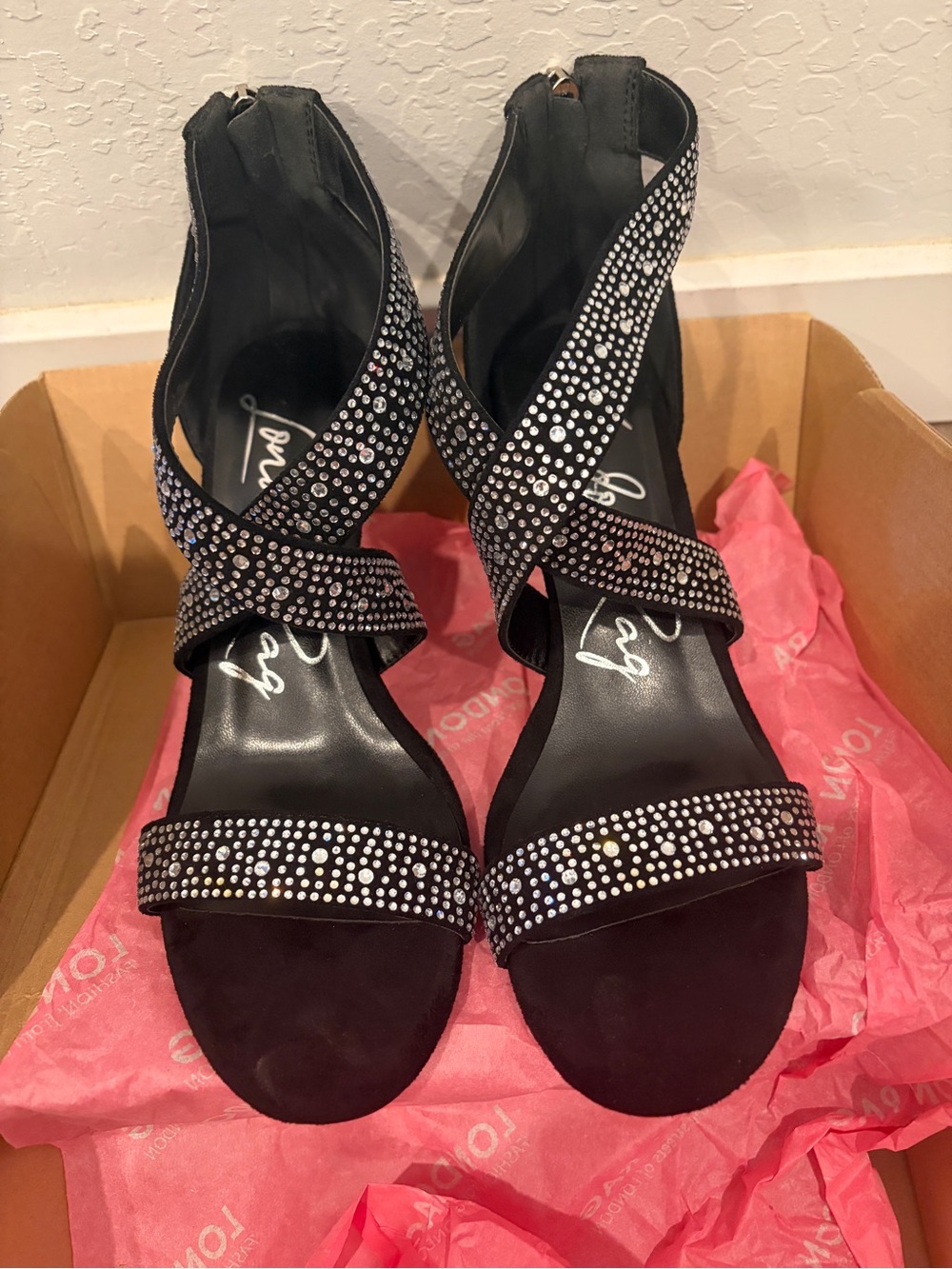 London Rag Black Crystal Cross-Strap Evening Heels